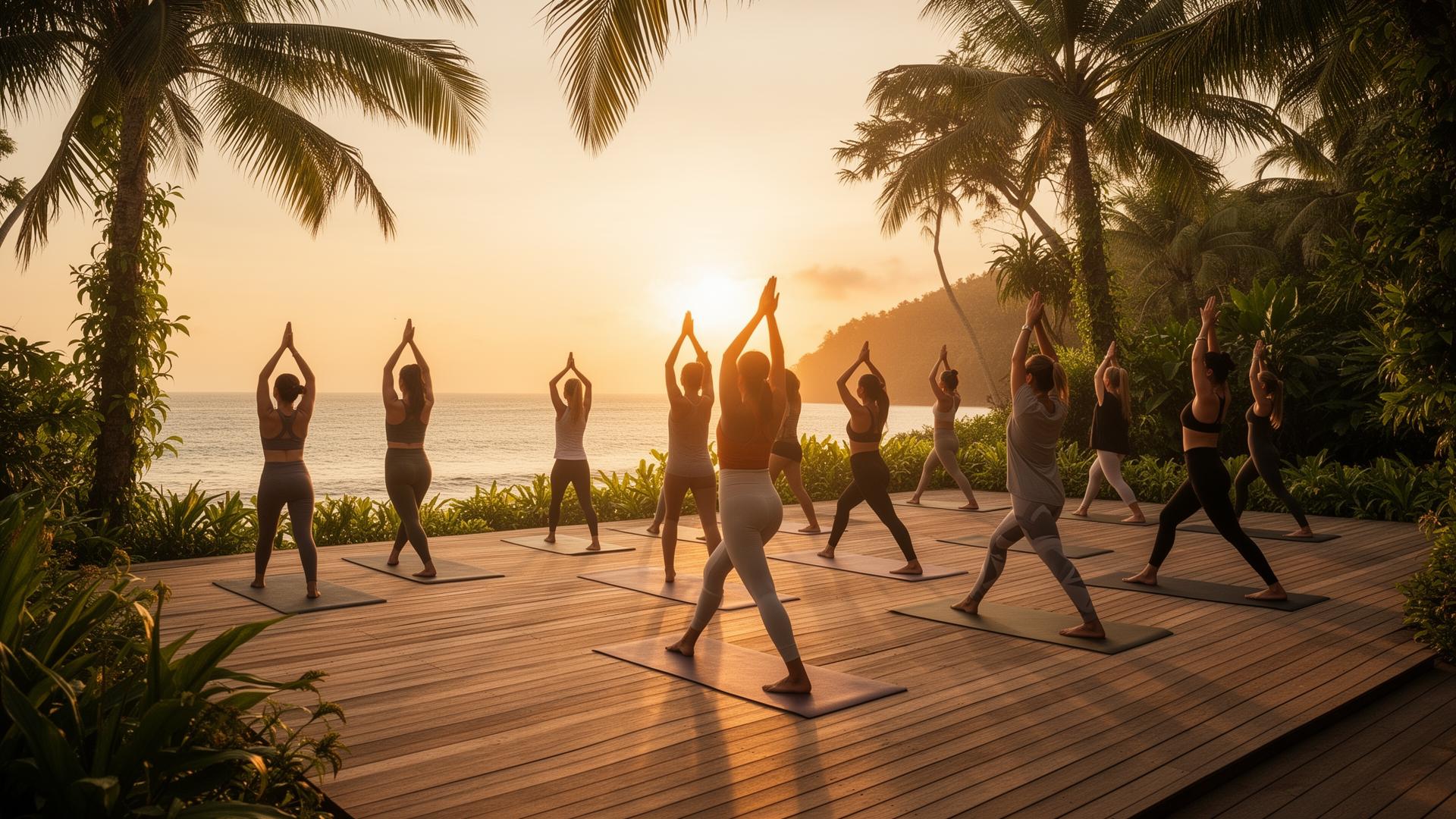 Group of women practicing yoga at sunrise on the beach